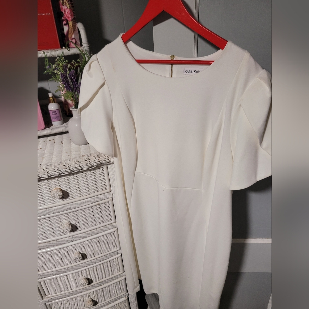 Calvin Klein White Sheath Dress with Flutter Sleeves